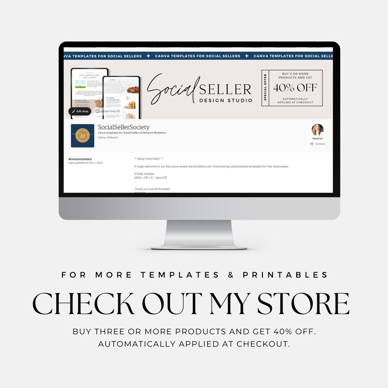 K&ouml;nnte beinhalten: Ein Computerbildschirm zeigt eine Website f&uuml;r Social Seller Design Studio. Die Website bietet ein Sonderangebot mit 40 % Rabatt beim Kauf von drei oder mehr Produkten. Die Website enth&auml;lt auch ein Logo f&uuml;r Social Seller Society, eine Canva-Vorlage f&uuml;r Social-Media-Verk&auml;ufer und ein Kontaktformular.