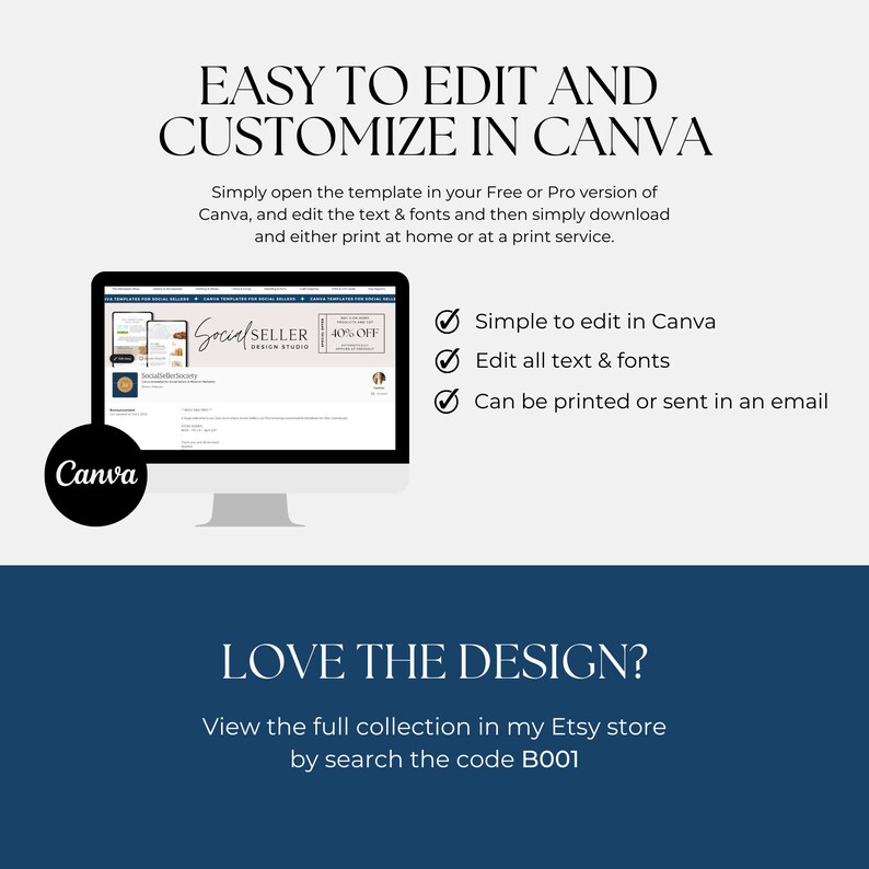 K&ouml;nnte beinhalten: Ein Computerbildschirm zeigt eine Canva-Vorlage f&uuml;r ein Social-Media-Verk&auml;ufer-Designstudio. Die Vorlage enth&auml;lt einen Rabattgutschein mit dem Text "30% OFF". Der Text "EASY TO EDIT AND CUSTOMIZE IN CANVA" wird &uuml;ber dem Computerbildschirm angezeigt. Unter dem Bildschirm wird der Text "LOVE THE DESIGN? View the full collection in my Etsy store by search the code B001" angezeigt.
