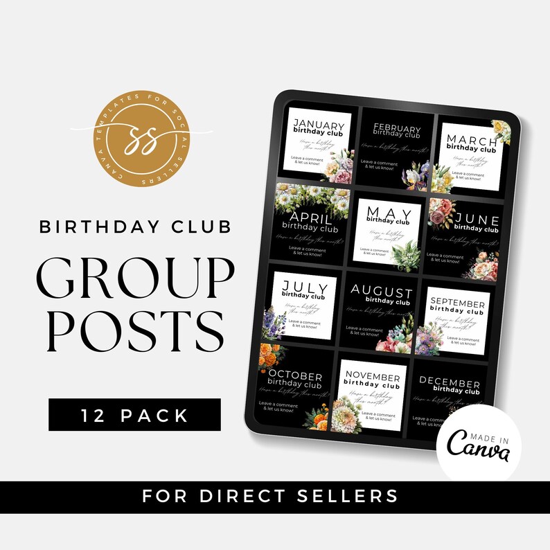 K&ouml;nnte beinhalten: Ein Satz von 12 schwarz-wei&szlig;en Social-Media-Post-Vorlagen f&uuml;r einen Geburtstagsclub. Jede Vorlage zeigt einen Monat des Jahres mit floralen Illustrationen und dem Text "Geburtstagsclub". Der Text "Hinterlasse einen Kommentar und lass uns wissen" ist ebenfalls auf jeder Vorlage enthalten. Der Text "Made in Canva" befindet sich unten rechts im Bild.