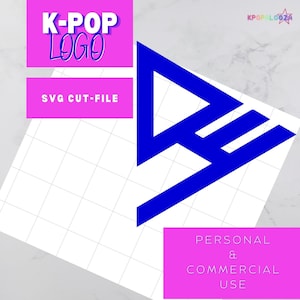 May include: A blue geometric K-Pop logo design on a white grid background. The image includes the text "K-Pop Logo" in a pink box, "SVG CUT-FILE" in a pink box, and "PERSONAL & COMMERCIAL USE" in a pink box.