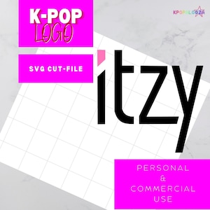 May include: A graphic design featuring the word "itzy" in bold black letters, with a pink accent. The design includes the text "K-POP LOGO" and "SVG CUT-FILE" in pink boxes, and "PERSONAL & COMMERCIAL USE" in a pink box.