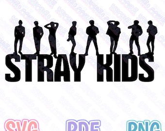 Può includere: Silhouette nera di otto figure in piedi in fila, con il testo "STRAY KIDS" sotto. Le figure sono tutte vestite in modo casual e hanno le braccia alzate in aria. Il testo è in grassetto, carattere sans-serif.