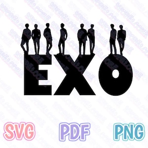 May include: Black silhouette of nine figures standing on a platform with the word "EXO" in large letters and a circle behind them.