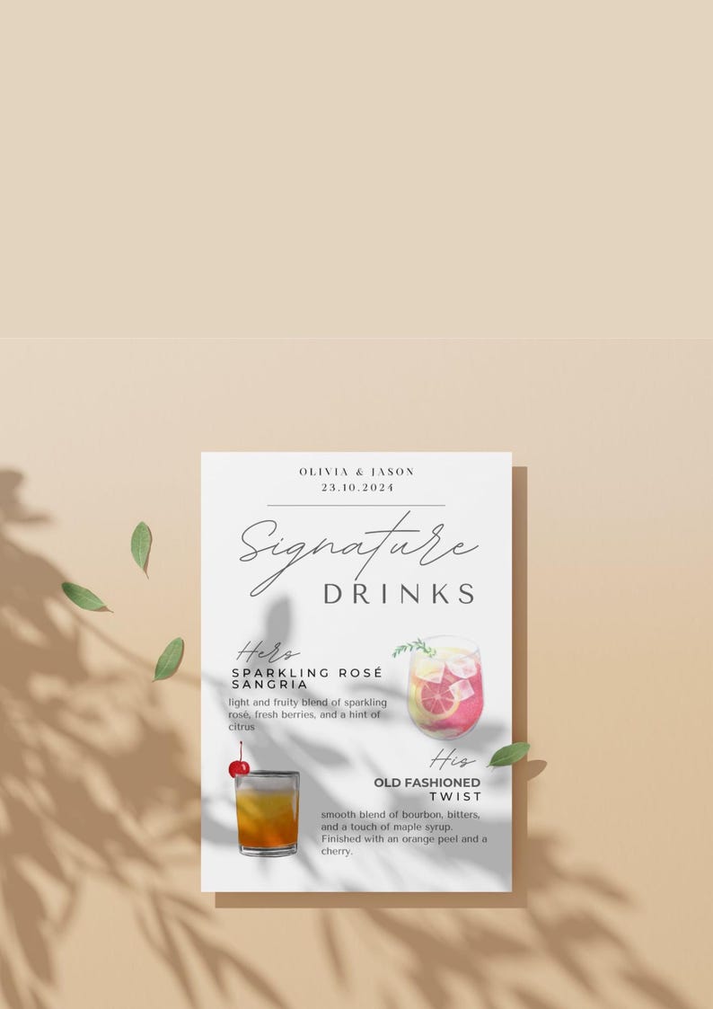 Personalized Wedding Cocktail Menu His and Hers Signature Cocktails