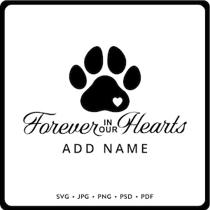 May include: A black and white graphic design featuring a paw print with a heart, and the text "Forever in our Hearts". Below the text is "Add Name". The bottom of the image lists file types: SVG, JPG, PNG, PSD, and PDF.