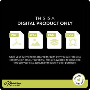 May include: This is a digital product only. The image shows icons for PDF, JPG, PSD, and SVG file formats. The text says "Once your payment has cleared through Etsy you will receive a confirmation email. Your digital files are available to download through your Etsy account immediately after purchase."