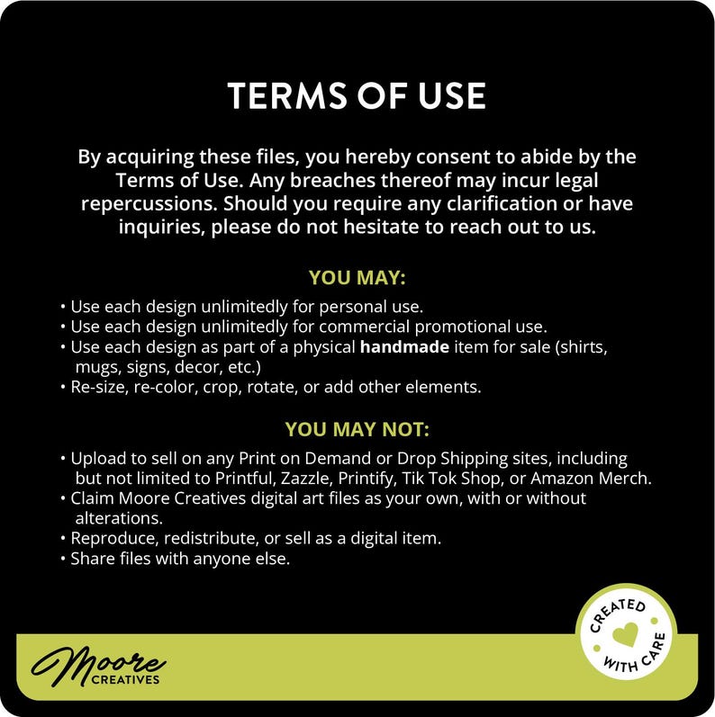 May include: Terms of use for digital art files. You may use the designs for personal or commercial use, but you may not sell them on print-on-demand sites or claim them as your own.