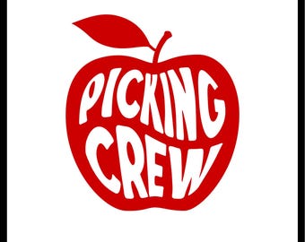 May include: A red apple graphic with the words "PICKING CREW" in white. The apple has a stem and a leaf. Below the apple are the file types: SVG, JPG, PNG, PSD, and PDF.