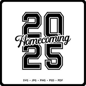 Puede incluir: Diseño gráfico en blanco y negro con el texto "2025 Homecoming". Los números "20" y "25" están en negrita, con la palabra "Homecoming" en cursiva. La imagen incluye opciones de tipo de archivo.