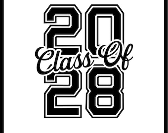 May include: Black and white graphic design of the text "Class of 2028" in a varsity style font.