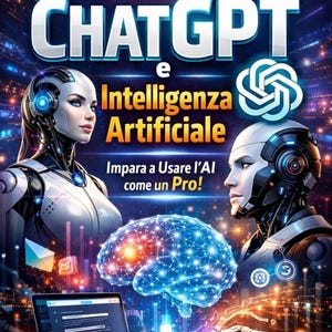 Puede incluir: Ilustración digital que promociona un curso sobre ChatGPT e Inteligencia Artificial. La imagen presenta cyborgs futuristas, un cerebro brillante, un portátil y el texto "CORSO COMPLETO CHATGPT e Intelligenza Artificiale". El lema es "Impara a Usare l'AI come un Pro!"