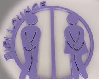 Puede incluir: Un letrero morado con el texto "Purple Lounge" en un círculo alrededor de una figura estilizada de un hombre y una mujer. Las figuras se enfrentan y están separadas por una línea vertical.