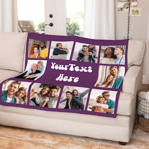 May include: Purple fleece blanket with a collage of photos of people smiling and laughing. The text "Your Text Here" is in white letters on the blanket.