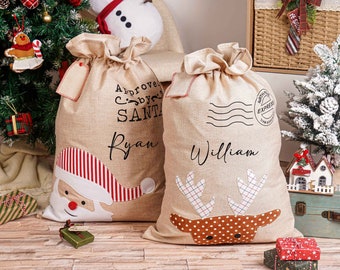 Grande sacco di Babbo Natale, borsa regalo di Natale personalizzata, sacco di Natale in tela, sacco in tessuto Hessian, borsa regalo in tela, sacco di Babbo Natale