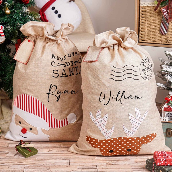 Grand sac de père Noël personnalisé, sac cadeau de Noël personnalisé, sac de Noël en toile de jute, sac en tissu de jute, sac cadeau en toile, sac du père Noël