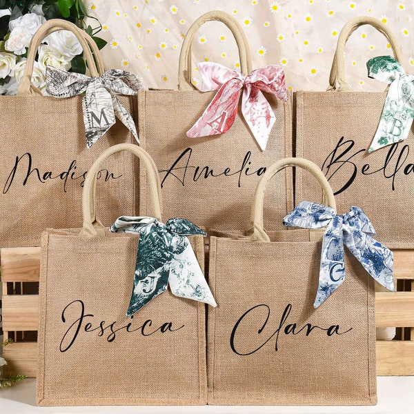 Custom Bridesmaid Bags, Burlap Tote with Name, Beach bag, Gift Bag with Alphabett Scarf, Personalized Jute Bag for Bridesmaid Gift