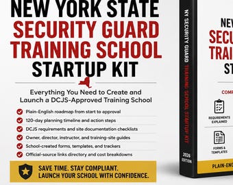 Startpaket för säkerhetsvaktsutbildning i New York | DCJS checklista, budget, break-even-kalkylator och redigerbara mallar