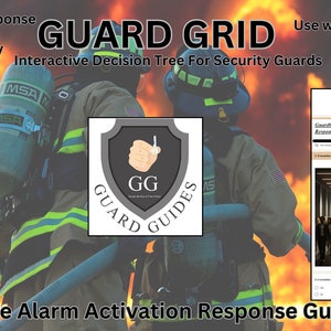 Puede incluir: Un gráfico con el texto "GUARD GRID" y "Interactive Decision Tree For Security Guards" en un esquema de colores rojo, amarillo y negro. El gráfico también incluye un escudo con el texto "GUARD GUIDES" y las letras "GG" en su interior. El gráfico se coloca sobre un fondo de escena de incendio con dos bomberos en primer plano.