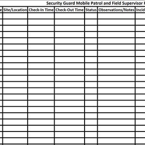 Puede incluir: Una tabla en blanco con encabezados de columna para un planificador de rutas de patrulla móvil y supervisor de campo de seguridad. Los encabezados incluyen: ID/Nombre de la ruta, Sitio/Ubicación, Hora de entrada, Hora de salida, Estado, Observaciones/Notas e Incidentes reportados.