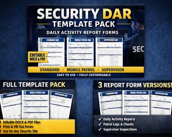 Paquete de plantillas DAR de seguridad, Informe de actividad diaria, Patrulla móvil, Supervisor, PDF editable DOCX