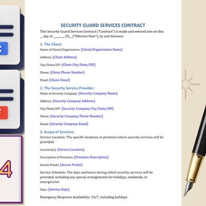 Könnte beinhalten: Ein Sicherheitsdienstvertrag mit einem schwarzen Stift, einem braunen Cordstoff und einem Zweig auf beigefarbenem Hintergrund. Der Vertrag trägt den Titel "Sicherheitsdienstvertrag" und umfasst vier Seiten. Der Text enthält den Namen, die Adresse, die Telefonnummer und die E-Mail-Adresse des Kunden sowie den Namen, die Adresse, die Telefonnummer und die E-Mail-Adresse des Sicherheitsdienstleisters. Der Vertrag umfasst auch den Umfang der Dienstleistungen, den Dienstort, die Beschreibung der Räumlichkeiten, die Zugangspunkte, den Dienstplan und die Verfügbarkeit der Notfallhilfe.