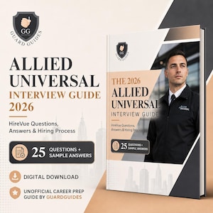 Puede incluir: La Guía de Entrevistas Allied Universal 2026 es un libro digital de preparación profesional que incluye 25 preguntas de entrevista y respuestas de muestra. La portada muestra el título, el logo de Guard Guides y la foto de un guardia de seguridad.