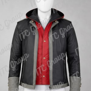 May include: Black leather jacket with a red inner lining and a gray trim. The jacket has a hood, a zipper closure, and gray cuffs. The jacket is displayed on a mannequin.