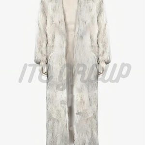 May include: A long, open-front coat in shades of white and gray, made of a fur-like material. The coat has a collar and long sleeves, and it extends to the ankles. The garment is displayed on a mannequin against a white background.