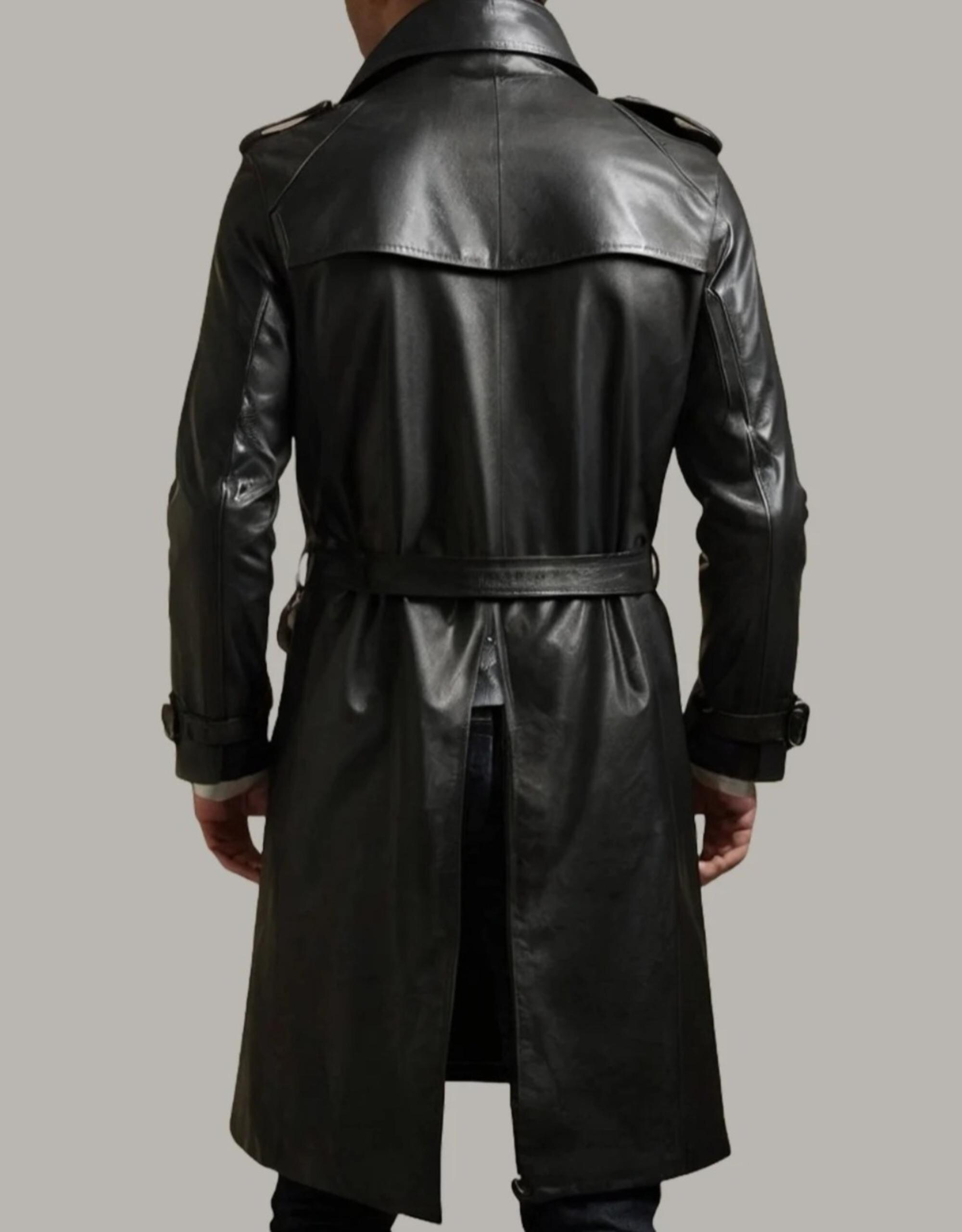 Handmade Sheep Leather Trench Coat: Classic Black Winter Overcoat
