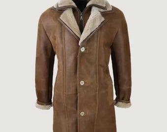 Abrigo de piel de oveja marrón para hombre / Chaqueta de invierno tipo gabardina / Abrigo cálido hecho a mano