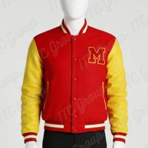 May include: A red and yellow varsity jacket with a white collar and cuffs. The jacket features a large letter "M" on the chest. The sleeves are yellow, and the body is red. The jacket is buttoned up.