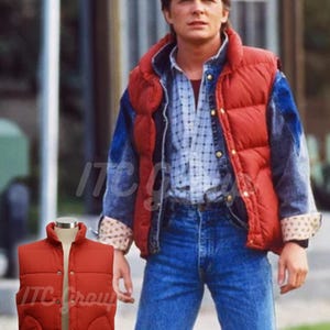Marty McFly Retro Red Puffer Inspired Parachute Vest | Iconic 80s Movie Cosplay Gilet | Handmade Winter Bodywarmer | Best For Gift