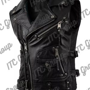 May include: Black leather vest with a classic biker style. Features include a notched collar, multiple zippered pockets, and silver-tone hardware. The vest has a fitted silhouette and decorative studs.