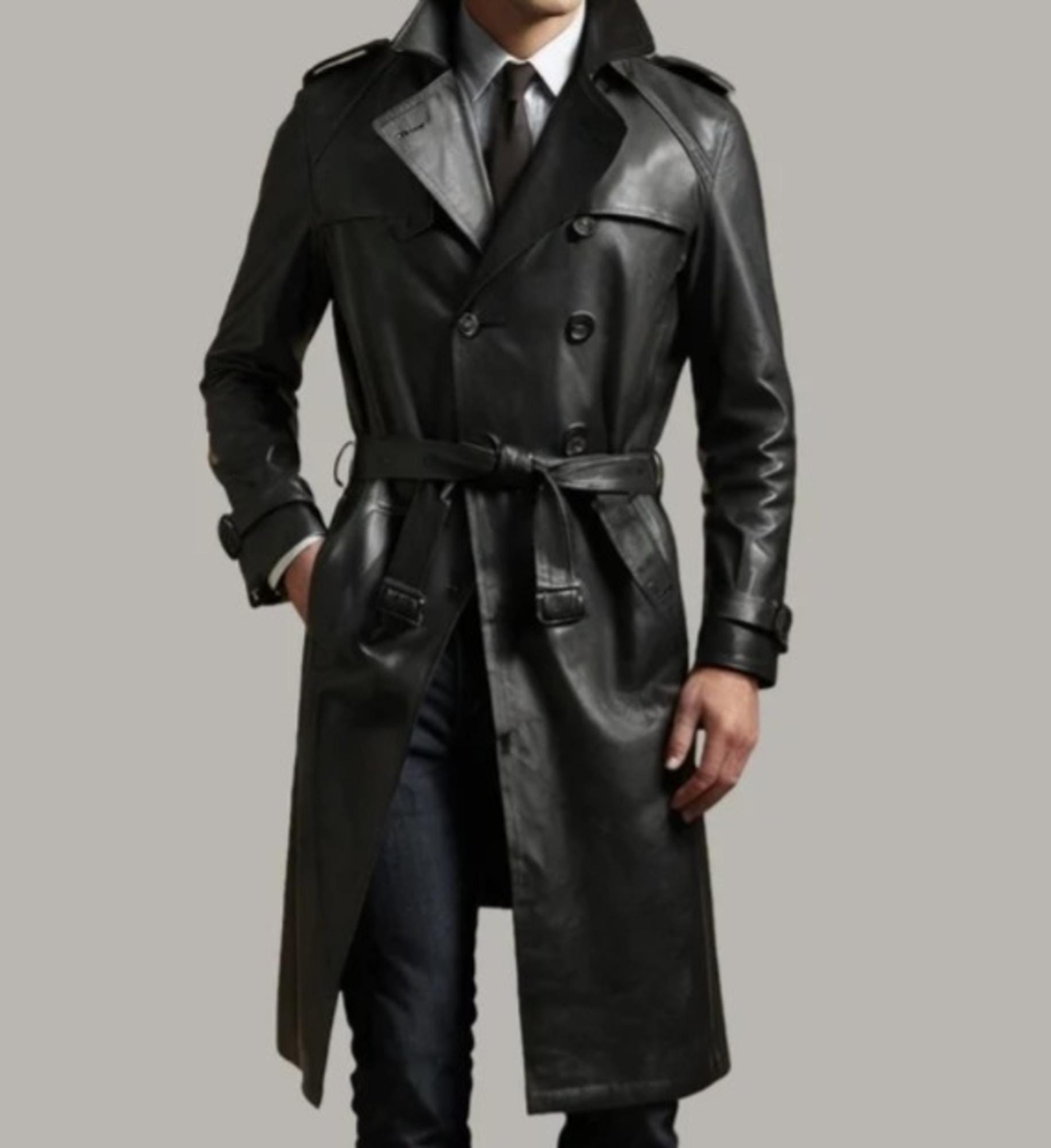 Handmade Sheep Leather Trench Coat: Classic Black Winter Overcoat