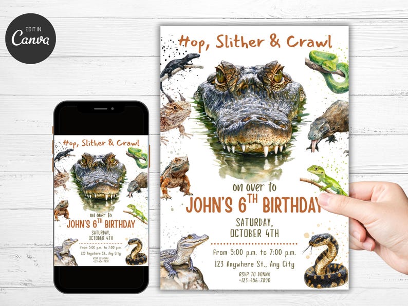 Może przedstawiać: Zaproszenie urodzinowe z akwarelową ilustracją aligatora i r&oacute;żnych gad&oacute;w. Zaproszenie brzmi "Hop, Slither & Crawl" i zawiera szczeg&oacute;ły wydarzenia na 6. urodziny Johna, w tym datę, godzinę i miejsce.