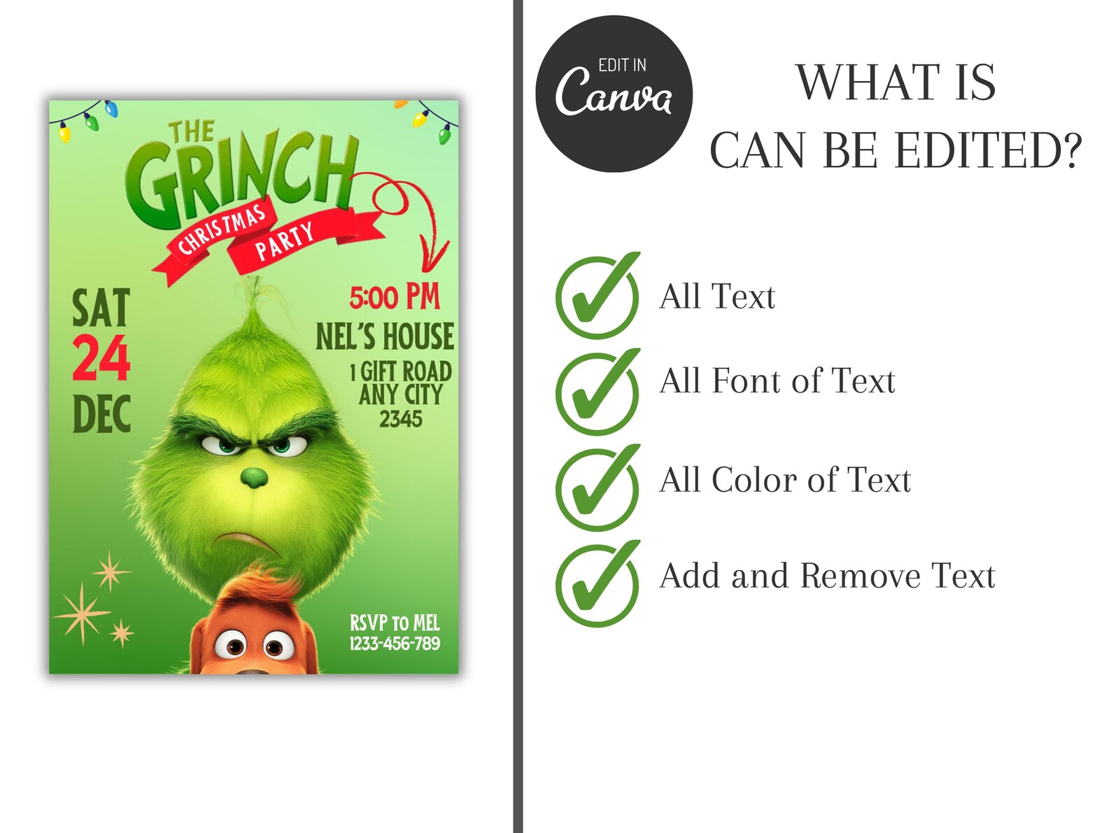 Grinch Christmas Party Invitation: Editable Birthday Invite (5x7 Inch ...