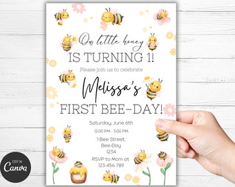 First Bee Day Invitation 1st Birthday Invitation Birthday Cute Bee Day Birthday Invite First Bee Day Party Invitation Digital Download