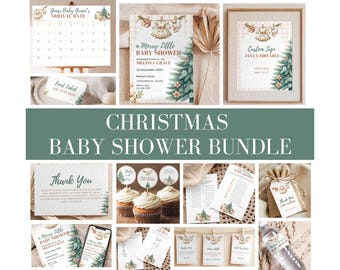 Könnte beinhalten: Ein Weihnachts-Babyparty-Bundle mit Einladungen, einem Kalender, Cupcake-Toppern und Spielen. Das Design umfasst einen Weihnachtsbaum, Babykleidung und den Text "a Merry Little Baby Shower".