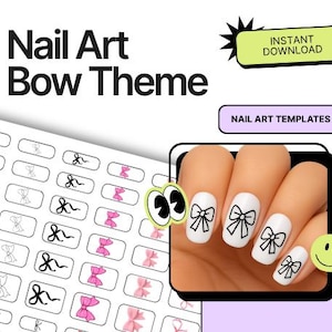 May include: White nail art featuring black bow designs. The image includes the text "Nail Art Bow Theme", "Instant Download", and "Nail Art Templates". A sheet of bow-themed nail art templates is also visible.