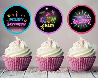 Toppers de cupcake de aniversário brilhantes: decorações de festa neon (download digital)
