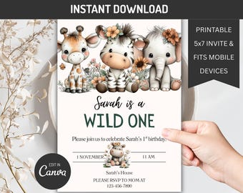 Wild One Safari Birthday Invitation Template Jungle Animals 1st Birthday Invite Editable Safari Birthday Party Invite First Birthday Canva