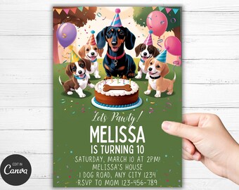 Peut inclure: Une invitation de fête d'anniversaire verte et blanche avec un teckel de dessin animé et quatre chiots portant des chapeaux de fête. L'invitation indique "Let's Pawty! Melissa a 10 ans. Samedi 10 mars à 14h00 ! Chez Melissa. 1 Dog Road, Any City 1234. RSVP à Maman 123-456-789"