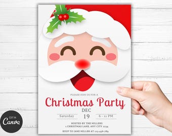 Puede incluir: Una invitación a una fiesta de Navidad roja y blanca con una cara de Papá Noel de dibujos animados. La invitación dice "Por favor, únase a nosotros para una fiesta de Navidad" con la fecha "Sábado, 19 de diciembre" y la hora "6-11 PM". También incluye el nombre del anfitrión, la dirección y la información de RSVP.