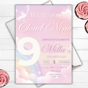 Wolke 9 Geburtstagseinladung 9 Geburtstag einladen Bearbeitbare Wolke Party Evite Pastell Thema Geburtstag Regenbogen 9 Party Einladung