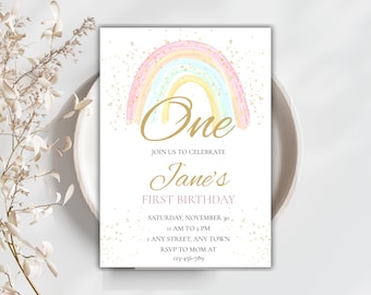 Rainbow Birthday Invite Girl 1st Birthday Pastel Rainbow Invitation