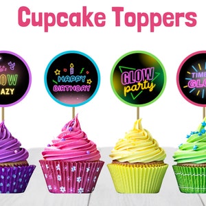 Glow Cupcake Toppers Birthday Favors Glow In The Dark Party Cupcakes Glow Birthday Glow Cake Pops Topper Neon Cupcake Toppers