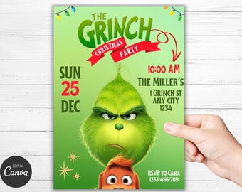 Peut inclure: Invitation à une fête de Noël du Grinch verte avec une image de dessin animé du Grinch et un petit chien Max. L'invitation comprend la date, l'heure et le lieu de la fête. Les informations de RSVP sont également incluses.