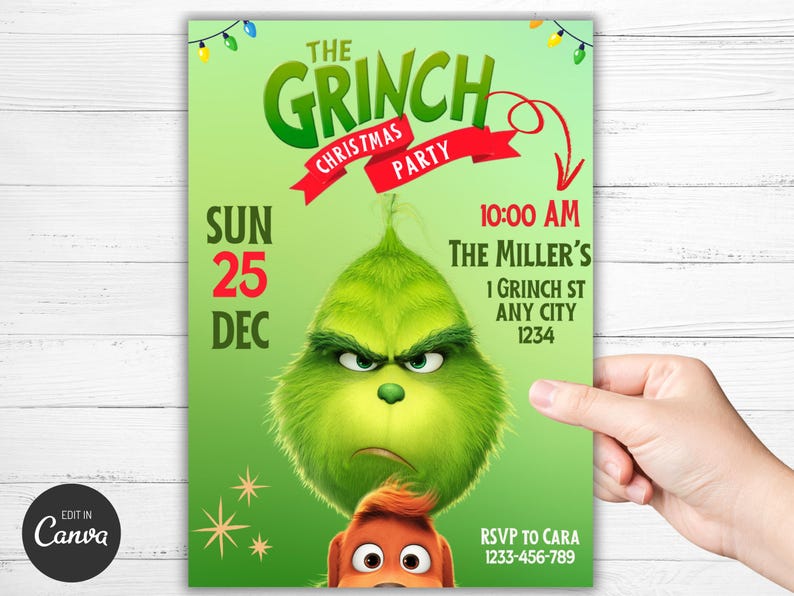 Grinch Christmas Party Invitation: Editable Birthday Invite (5x7 Inch ...