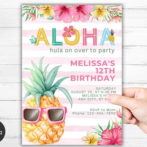 Editable Hawaiian Invitation Luau Birthday Party Hawaiian Invite Pool Party Pineapple Pink Girl Tropical Birthday Invitation Hawaiian Tropic