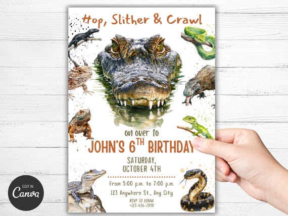 Reptile Birthday Invitation: Crocodile, Snake, and More (Editable in Canva)